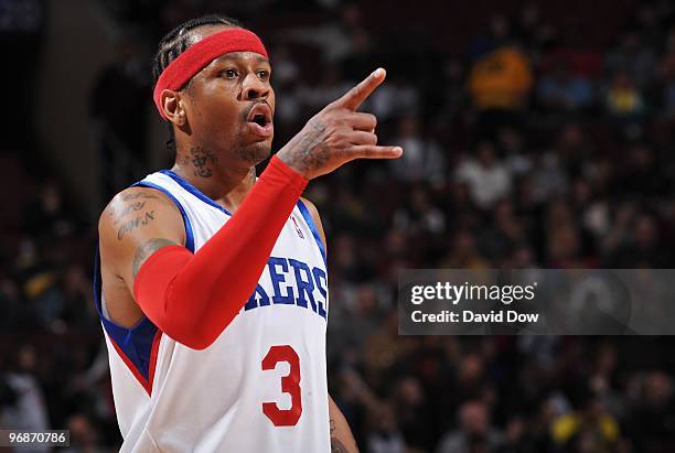 Allen Iverson of the Philadelphia 76ers gestures during the game against the New York Knicks on January 13, 2010 at the Wachovia Center in...