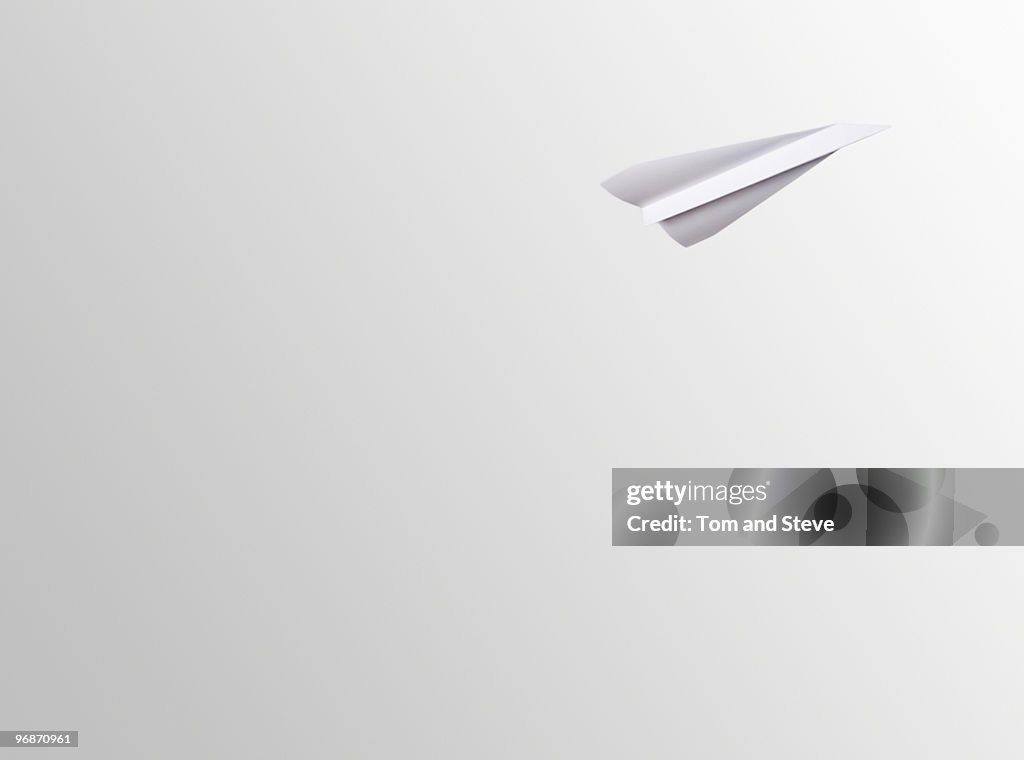 Paper aeroplane on white with copy space