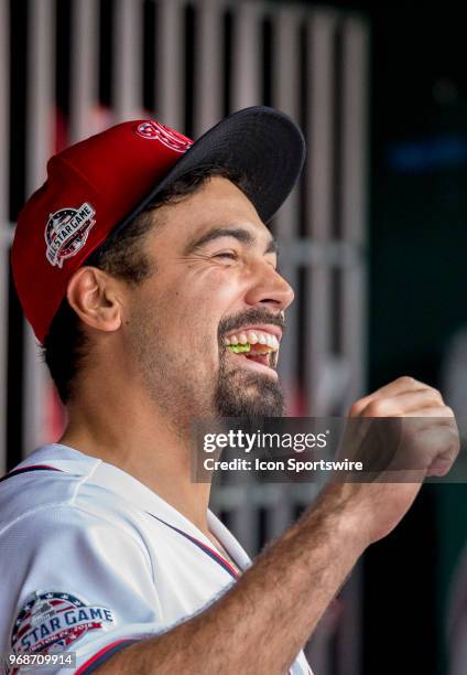 Washington Nationals third baseman Anthony Rendon in the dugout on his birthday during a MLB game between the Washington Nationals and the Tampa Bay...