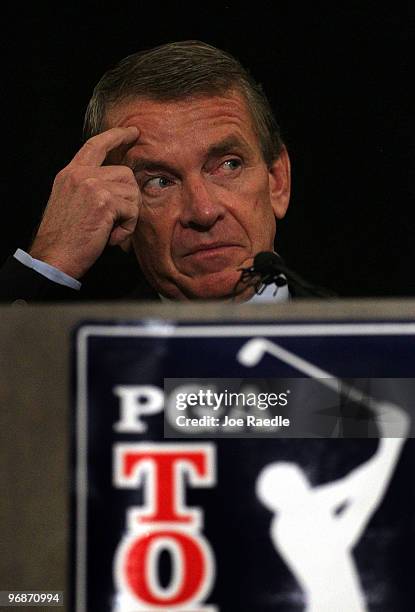 Commissioner of the PGA TOUR Tim Finchem speaks to the media after Tiger Woods made his statement on February 19, 2010 in Ponte Vedra Beach, Florida....