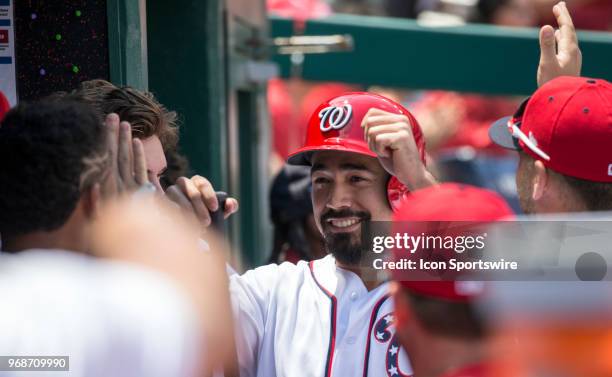 Washington Nationals third baseman Anthony Rendon in the dugout after scoring in the sixth inning during a MLB game between the Washington Nationals...