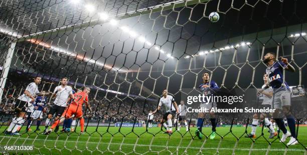 Players of Corinthians and of Santos in action during the match for the Brasileirao Series A 2018 at Arena Corinthians Stadium on June 06, 2018 in...