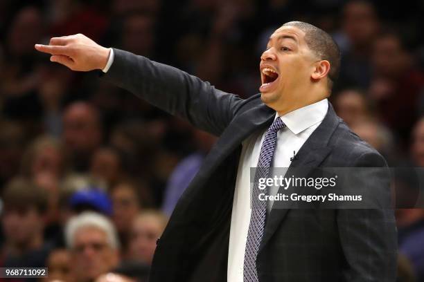 Head coach Tyronn Lue of the Cleveland Cavaliers reacts against the Golden State Warriors in the second quarter during Game Three of the 2018 NBA...