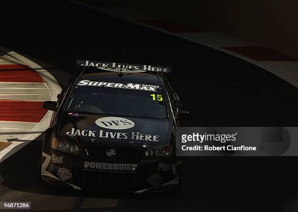 Rick Kelly drives the Jack Daniel's Racing Holden during qualifying for round one of the V8 Supercar Championship Series at Yas Marina Circuit on...