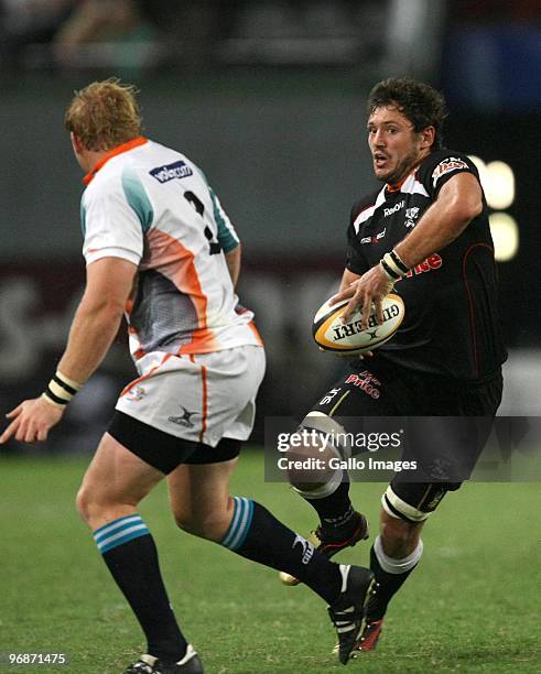 Ryan Kankowski looks to go around Adriaan Strauss during the Super 14 match between The Sharks and Vodacom Cheetahs from Absa Stadium on February 19,...