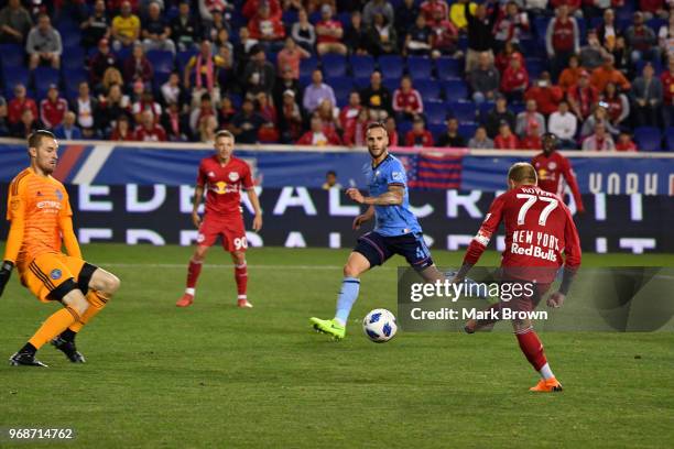 Daniel Royer of New York Red Bulls scores a goal against the New York City FC in the scond half during the fourth round match of the 2018 Lamar Hunt...