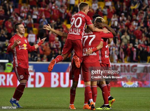 New York Red Bulls celebrate a goal of Aaron Long of New York Red Bulls against the New York City FC in the second half during the fourth round match...