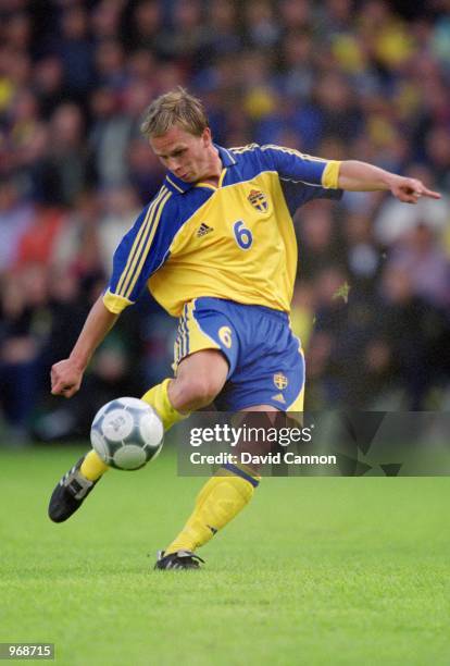 Tobias Linderoth of Sweden in action during the FIFA 2002 World Cup Qualifier against Slovakia played at the Rasunda Stadion in Stockholm, Sweden....