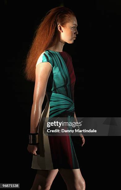 Model walks the runway at the Bodyamr show for London Fashion Week Autumn/Winter 2010 at Freemasons Hall on February 19, 2010 in London, England.