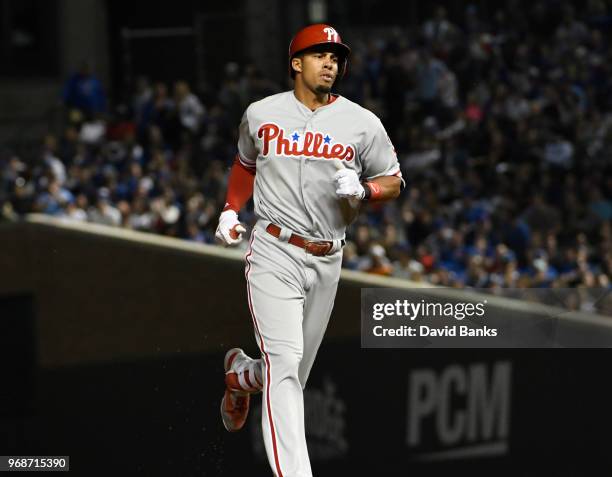 Aaron Altherr of the Philadelphia Phillies runs the bases after hitting a three-run homer against the Chicago Cubs during the sixth inning on June 6,...