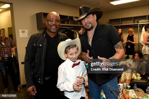 Darius Rucker, Mason Ramsey and Jason Aldean attend the 2018 CMT Music Awards - Backstage & Audience at Bridgestone Arena on June 6, 2018 in...