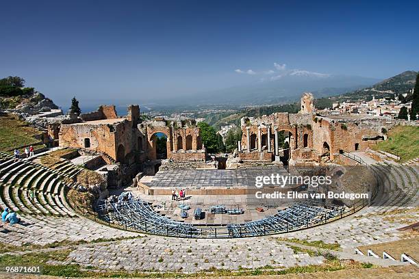 greek theatre in taormina  - teatro greco taormina bildbanksfoton och bilder