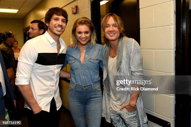 Morgan Evans, Kelsea Ballerini, and Keith Urban attend the 2018 CMT Music Awards - Backstage & Audience at Bridgestone Arena on June 6, 2018 in...