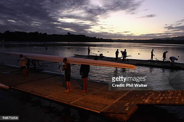 Rowing crews set off at dawn to warm up before the final day of the New Zealand National Rowing Championships at Lake Karapiro on February 20, 2010...