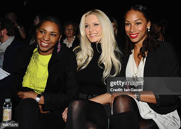 Sonique, Emma Noble and guest attend the Jena.Theo Fashion Show as part of London Fashion Week at Somerset House on February 19, 2010 in London,...