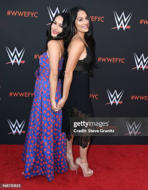 Brie Bella, Nikki Bella arrives at the WWE's First-Ever Emmy "For Your Consideration" Event at Saban Media Center on June 6, 2018 in North Hollywood,...