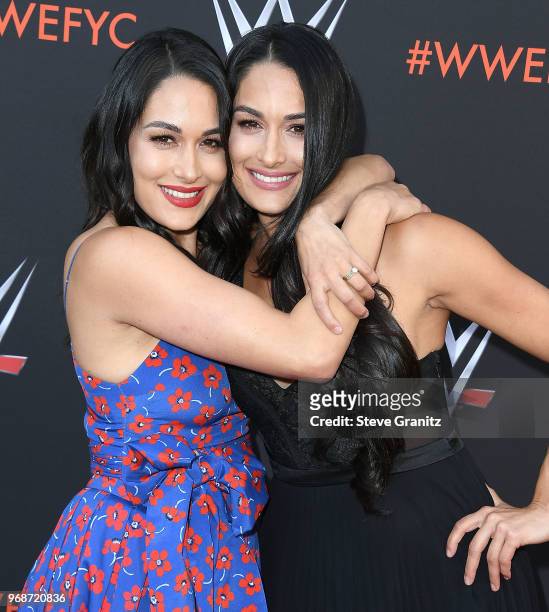 Brie Bella, Nikki Bella arrives at the WWE's First-Ever Emmy "For Your Consideration" Event at Saban Media Center on June 6, 2018 in North Hollywood,...