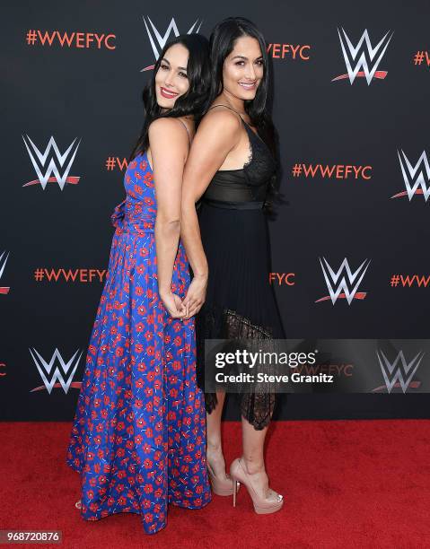 Brie Bella, Nikki Bella arrives at the WWE's First-Ever Emmy "For Your Consideration" Event at Saban Media Center on June 6, 2018 in North Hollywood,...