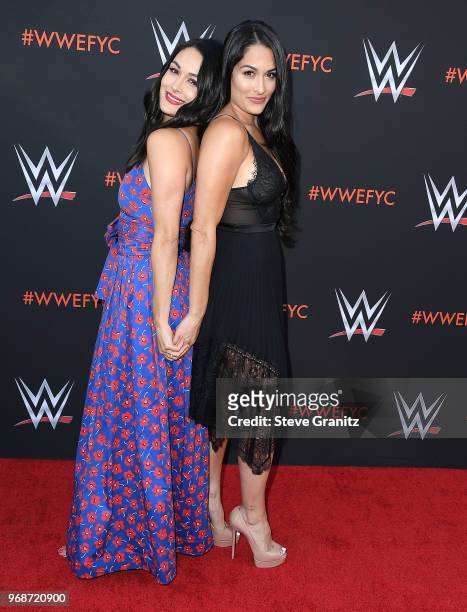Brie Bella, Nikki Bella arrives at the WWE's First-Ever Emmy "For Your Consideration" Event at Saban Media Center on June 6, 2018 in North Hollywood,...
