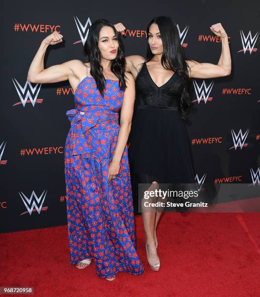 Brie Bella, Nikki Bella arrives at the WWE's First-Ever Emmy "For Your Consideration" Event at Saban Media Center on June 6, 2018 in North Hollywood,...