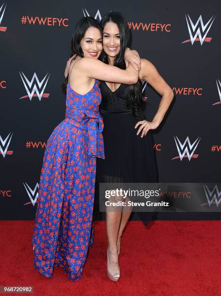 Brie Bella, Nikki Bella arrives at the WWE's First-Ever Emmy "For Your Consideration" Event at Saban Media Center on June 6, 2018 in North Hollywood,...