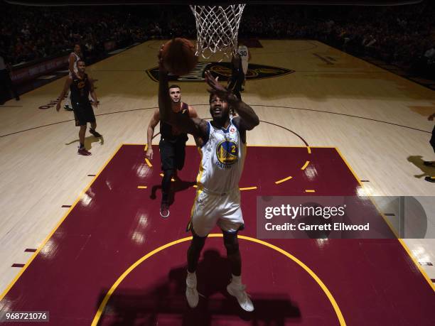 Jordan Bell of the Golden State Warriors drives to the basket against the Cleveland Cavaliers during Game Three of the 2018 NBA Finals on June 6,...