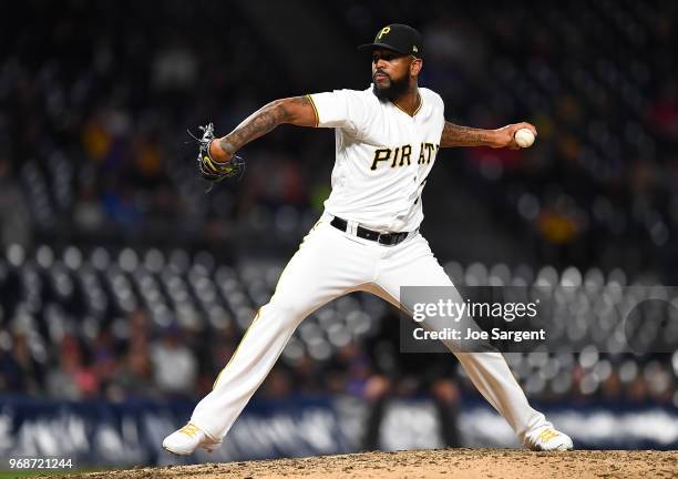 Felipe Vazquez of the Pittsburgh Pirates pitches during the ninth inning against the Los Angeles Dodgers at PNC Park on June 6, 2018 in Pittsburgh,...