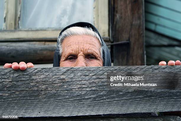 old woman at the gate - timisoara stock pictures, royalty-free photos & images