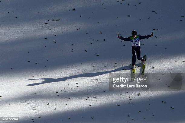 Anders Jacobsen of Norway comes to a landing after jumping the Long Hill during the qualification round on day 8 of the 2010 Vancouver Winter...