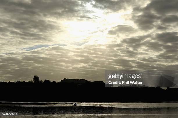Crews in the Womens Club Fours final make their way down the course during the New Zealand National Rowing Championships at Lake Karapiro on February...