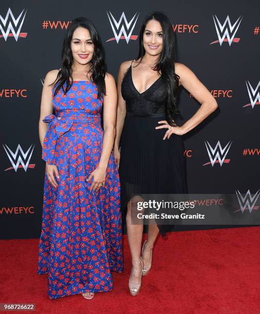 Brie Bella, Nikki Bella arrives at the WWE's First-Ever Emmy "For Your Consideration" Event at Saban Media Center on June 6, 2018 in North Hollywood,...