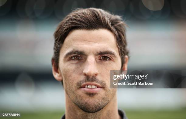 Scott Pendlebury of the Magpies poses for a portrait during an AFL press conference at the Melbourne Cricket Ground on June 7, 2018 in Melbourne,...