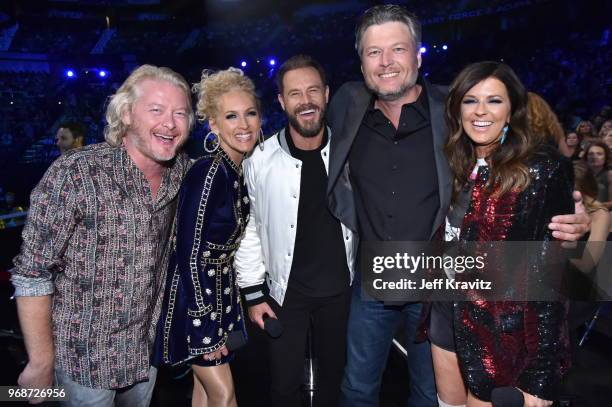 Phillip Sweet, Kimberly Schlapman, Jimi Westbrook, Blake Shelton and Karen Fairchild attend the 2018 CMT Music Awards at Bridgestone Arena on June 6,...