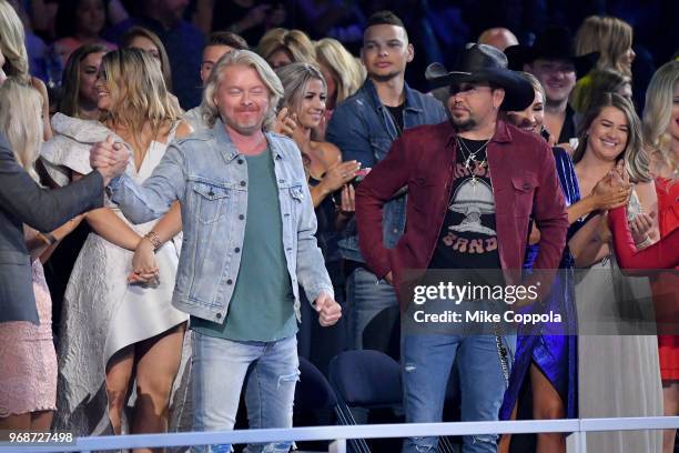 Philip Sweet and Jason Aldean attend the 2018 CMT Music Awards at Bridgestone Arena on June 6, 2018 in Nashville, Tennessee.