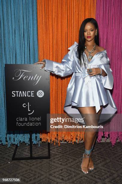 Rihanna makes an appearance at Stance for the Clara Lionel Foundation on June 6, 2018 in New York City.