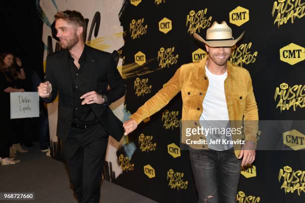 Brett Young and Dustin Lynch attend the 2018 CMT Music Awards at Nashville Municipal Auditorium on June 6, 2018 in Nashville, Tennessee.