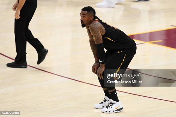 Smith of the Cleveland Cavaliers reacts against the Golden State Warriors in the second half during Game Three of the 2018 NBA Finals at Quicken...