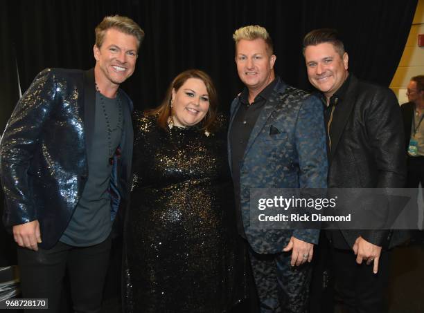 Joe Don Rooney, Chrissy Metz, Gary LeVox and Jay DeMarcus attend the 2018 CMT Music Awards - Backstage & Audience at Bridgestone Arena on June 6,...