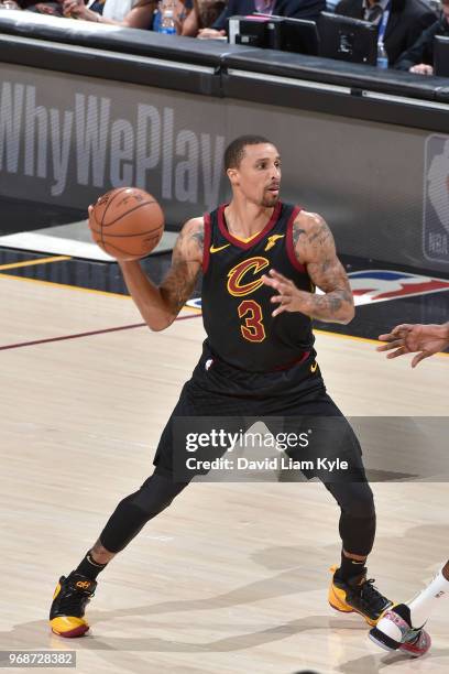 George Hill of the Cleveland Cavaliers handles the ball against the Golden State Warriors during Game Three of the 2018 NBA Finals on June 6, 2018 at...