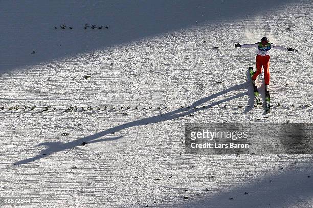 Robert Kranjec of Slovenia comes to a landing after jumping the Long Hill during the qualification round on day 8 of the 2010 Vancouver Winter...