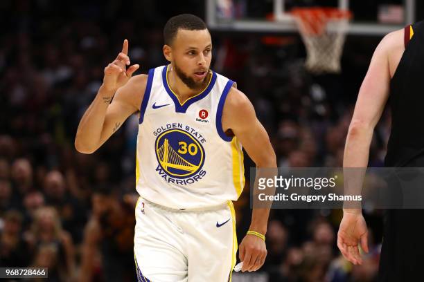 Stephen Curry of the Golden State Warriors reacts against the Cleveland Cavaliers in the second half during Game Three of the 2018 NBA Finals at...
