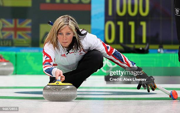 Eve Muirhead of Great Britain releases a stone during the Women's Curling Round Robin match between Germany and Great Britain on day 8 of the...