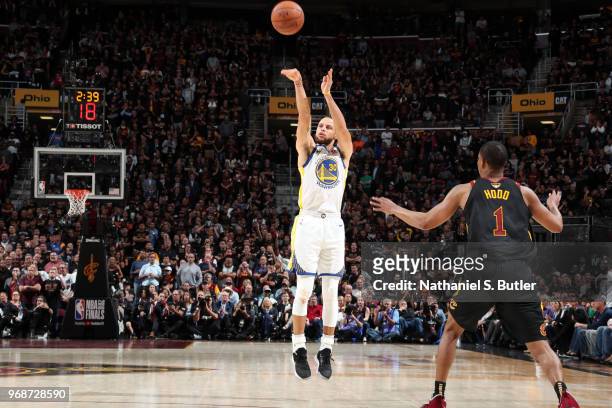Stephen Curry of the Golden State Warriors shoots the ball against the Cleveland Cavaliers in Game Three of the 2018 NBA Finals on June 6, 2018 at...