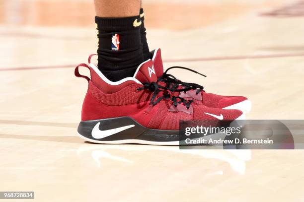 The sneakers of Rodney Hood of the Cleveland Cavaliers are seen during the game against the Golden State Warriors during Game Three of the 2018 NBA...