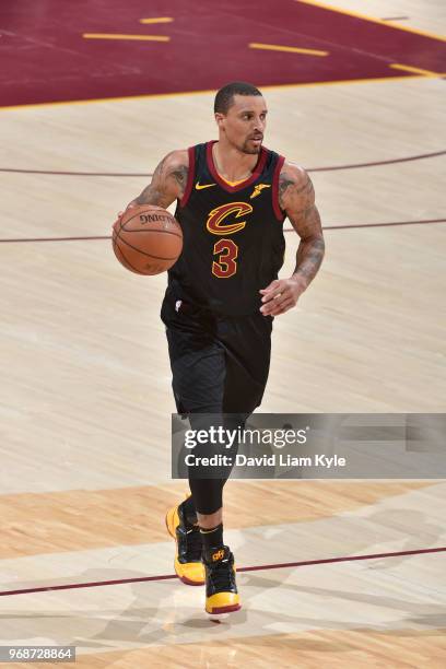 George Hill of the Cleveland Cavaliers handles the ball against the Golden State Warriors during Game Three of the 2018 NBA Finals on June 6, 2018 at...