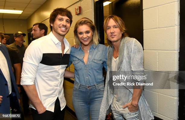 Morgan Evans, Kelsea Ballerini, and Keith Urban attend the 2018 CMT Music Awards - Backstage & Audience at Bridgestone Arena on June 6, 2018 in...