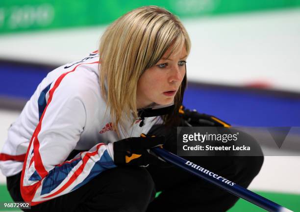 Eve Muirhead of Great Britain and Northern Ireland lines up a shot during the Women's Curling Round Robin match between Germany and Great Britain on...