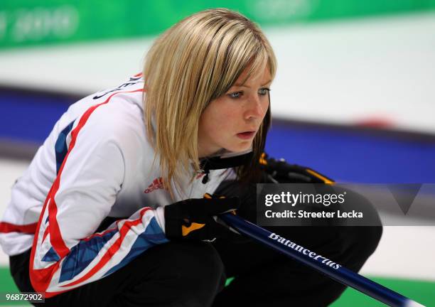 Eve Muirhead of Great Britain and Northern Ireland lines up a shot during the Women's Curling Round Robin match between Germany and Great Britain on...