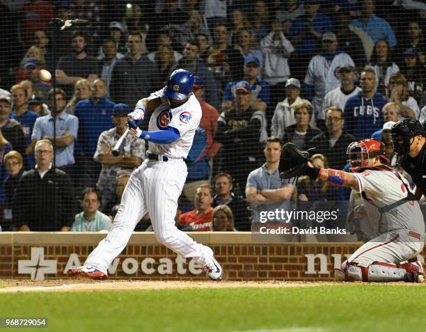 Jason Heyward of the Chicago Cubs hits a walk-off grand slam home run against the Philadelphia Phillies during the ninth inning on June 6, 2018 at...