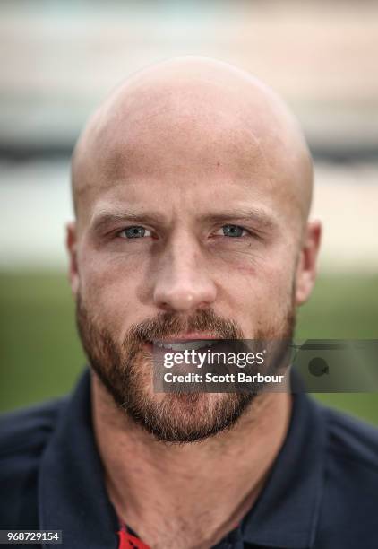 Nathan Jones of the Demons poses for a portrait during an AFL press conference at the Melbourne Cricket Ground on June 7, 2018 in Melbourne,...